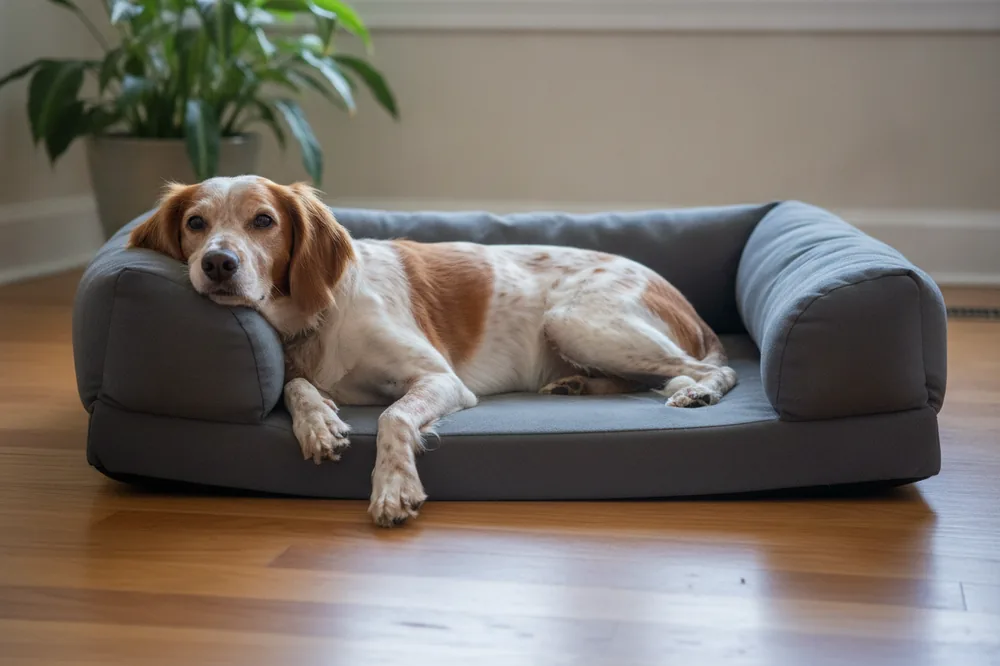 Lit pour chien orthopédique : un vieil épagneul au museau grisonnant couché sur un matelas en mousse, la tête posée sur le rebord.