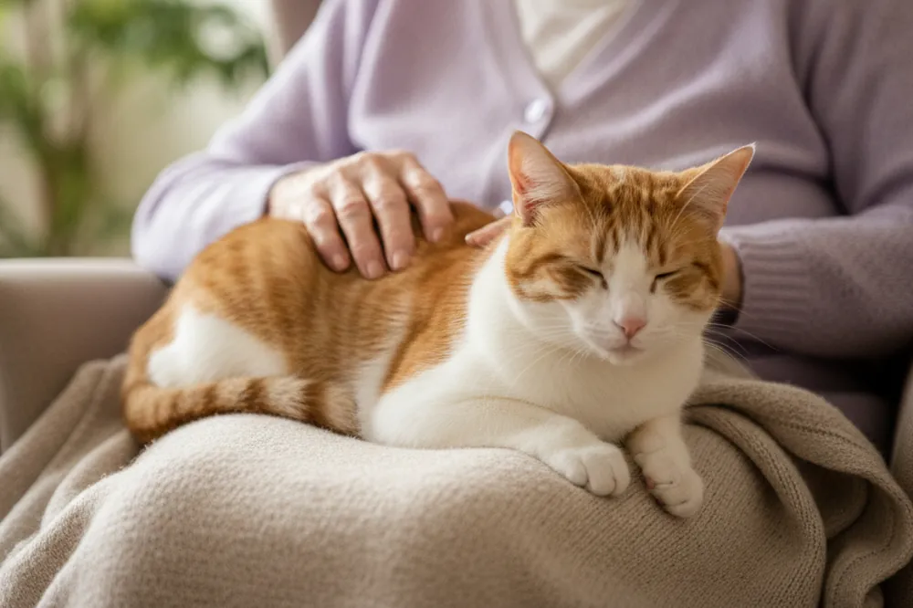 Médiation animale en EHPAD : un chat calme installé sur les genoux d'une résidente qui le caresse