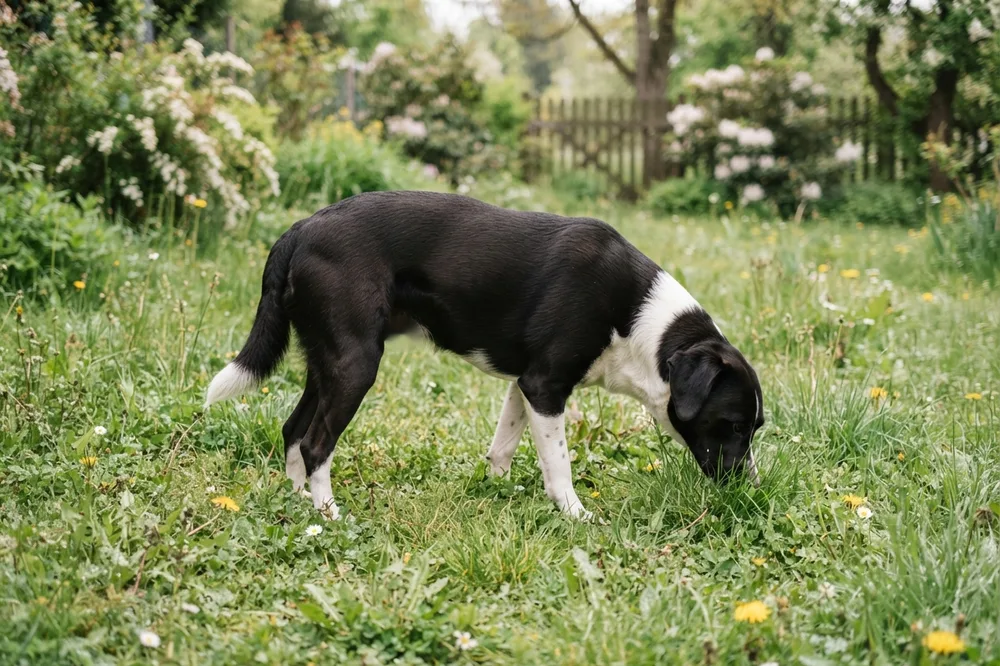 Mon chien mange de l'herbe : un chien broute tranquillement l'herbe d'une pelouse non traitée