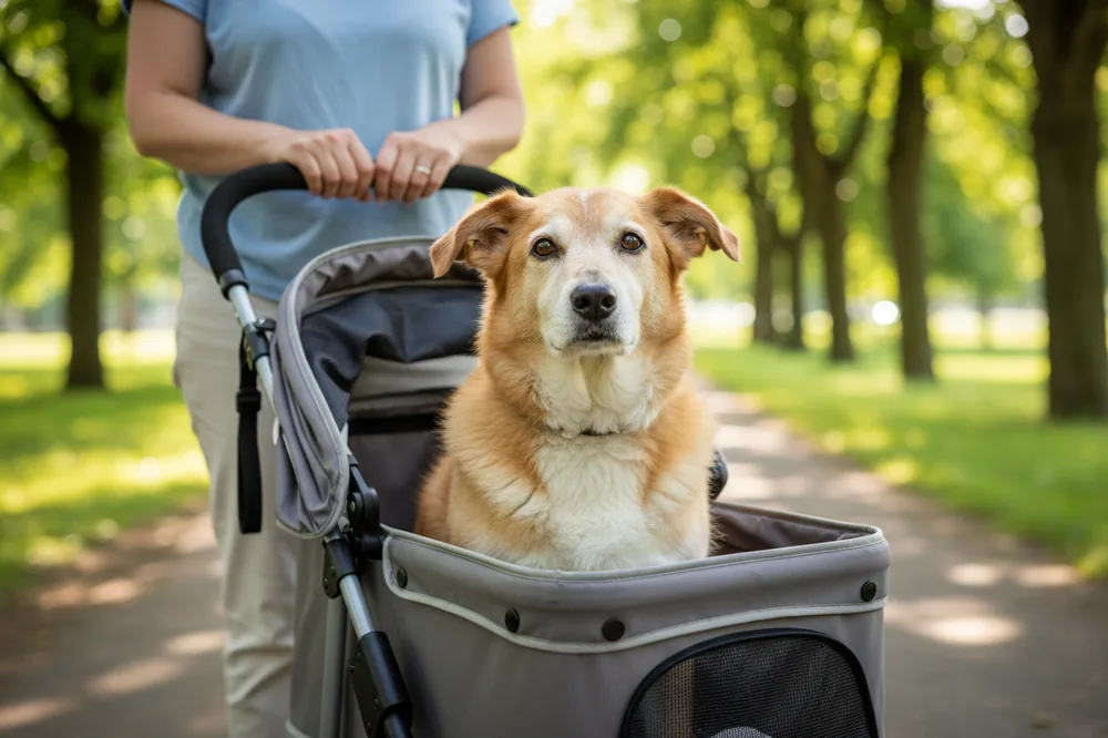 Poussette pour chien : un vieux chien au museau gris installé dans une poussette, en balade dans un parc