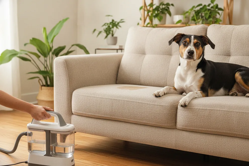 Meilleure shampouineuse avec un animal : un détacheur portable prêt à servir au pied d'un canapé taché, où un chien est couché